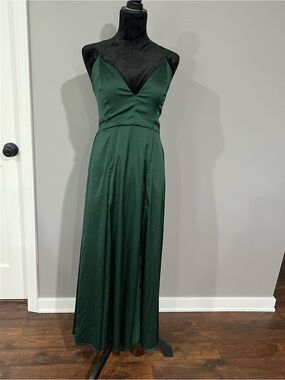 Windsor Dark Green Satin V-Neck Spaghetti-Strap Maxi Dress